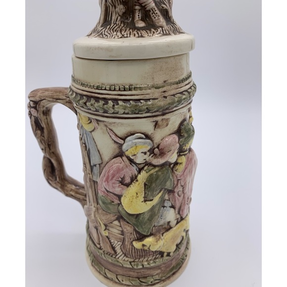 Vintage Ceramic Relief Pub Scene Hunter/Dog with 3D Lid- Beer Stein, Signed Kim - Picture 4 of 12